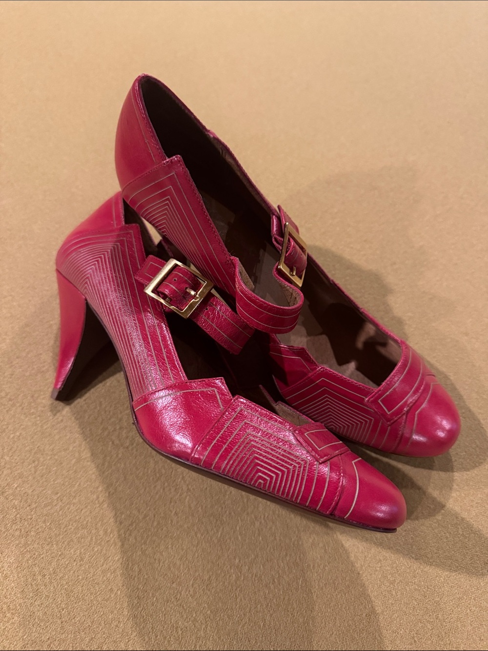 BNWOT Sole Project by Bakers Pink/Red Mary Jane KELLY Heels w/Geometric Stitchin